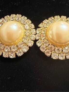 Vintage Nancy Katz Gold Pearl and Crystal Statement Earrings - Classic Gold